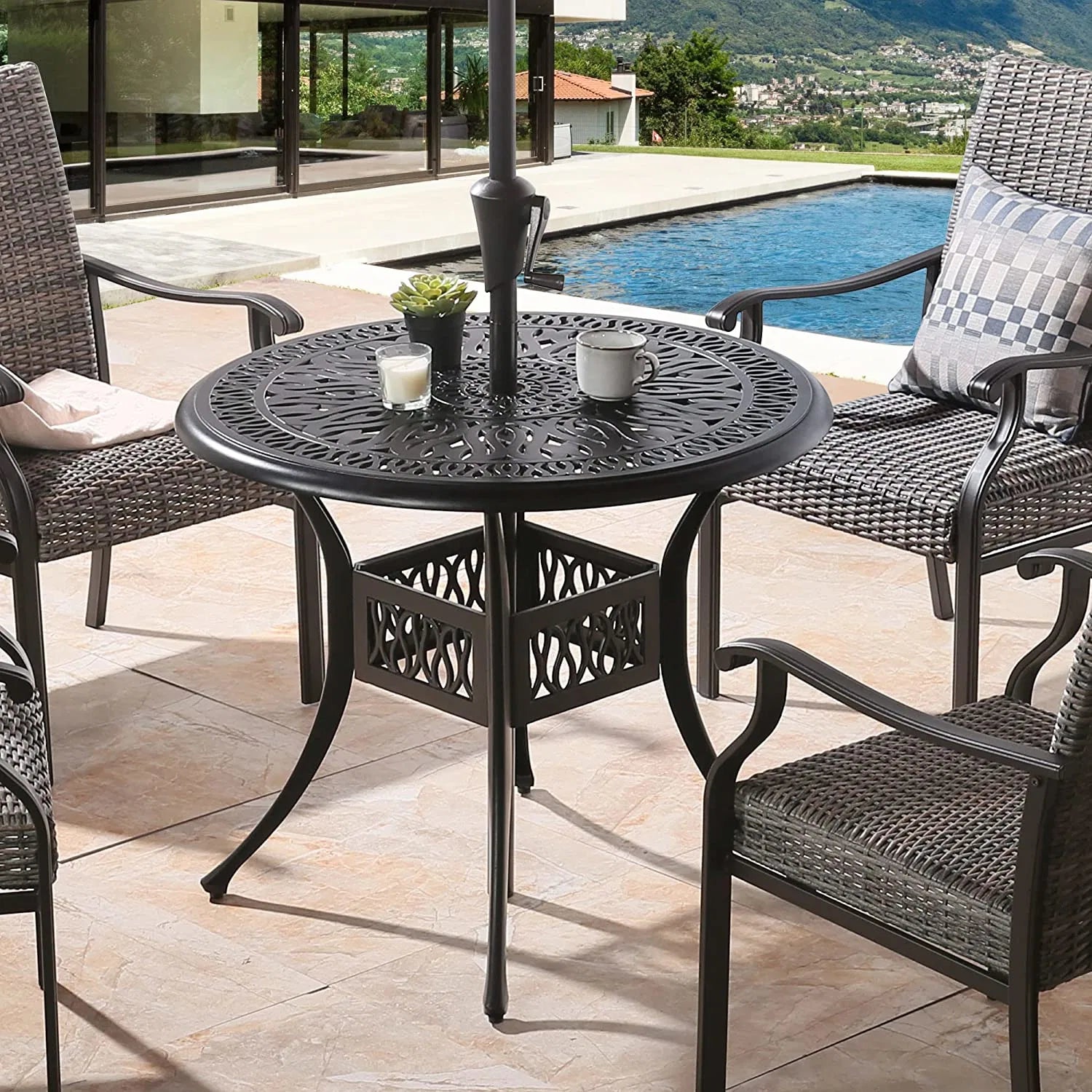 Patio Round Dining Table - Outdoor Cast Aluminum Bistro Table with 1.88' Umbrella Hole