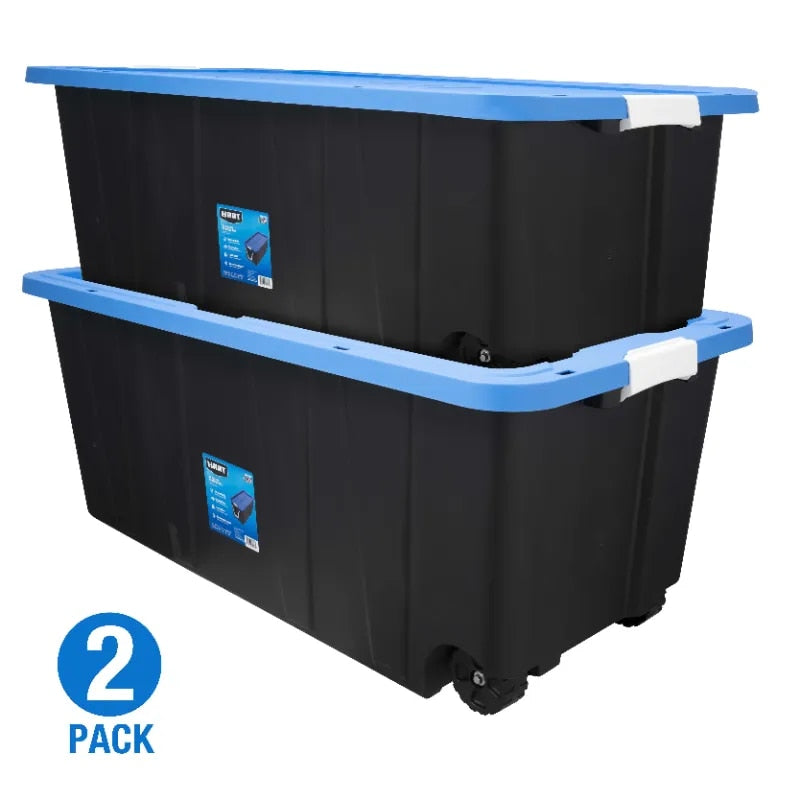 50 Gallon Rolling Plastic Storage Bin Container with Pull Handle, Set of 2