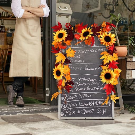 Artificial Maple Leaf Garland Hanging Plant Vine Fake Berries Sunflower Foliage, Orange 5.6 Feet