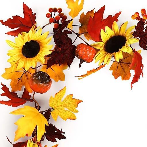 Artificial Maple Leaf Garland Hanging Plant Vine Fake Berries Sunflower Foliage, Orange 5.6 Feet