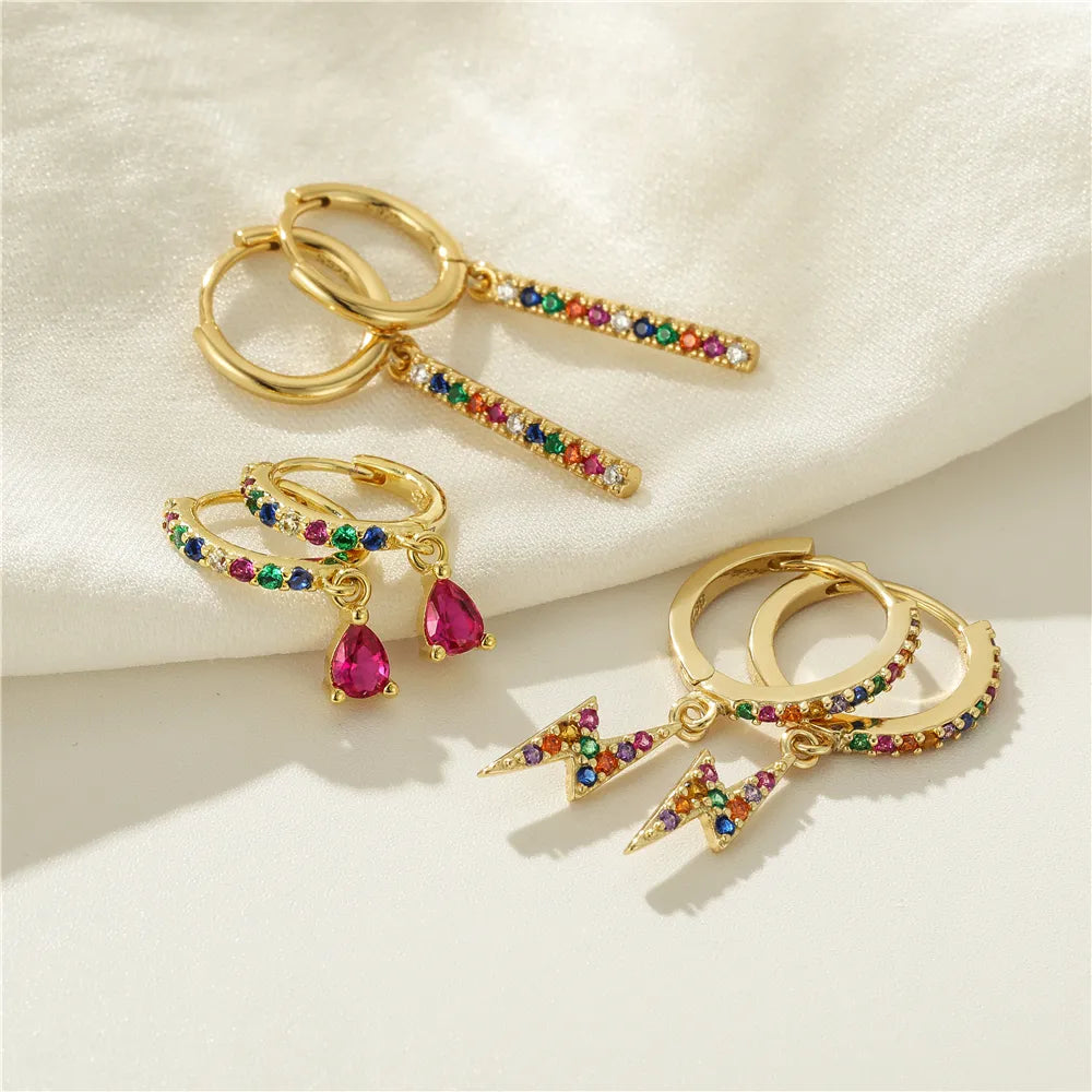 Lightning Star Cross Color Zircon Earrings - Korean Fashion Piercing