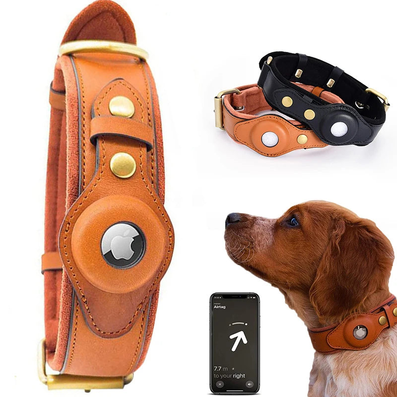 New Leather Anti-Lost Dog Collar: Heavy Duty, Airtag-Compatible with Anti-Lost Positioning Technology