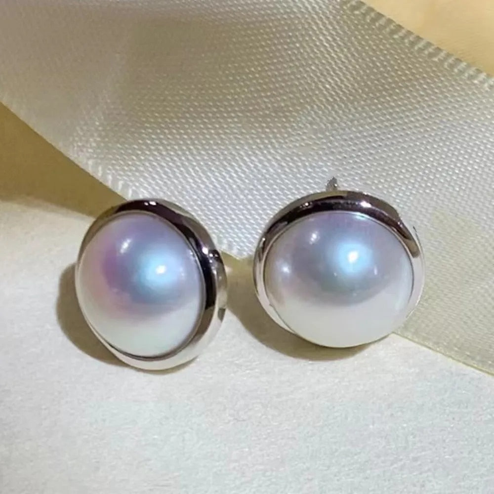 Silver Aurora Natural Freshwater Mabe Pearl Stud Earrings - 12-13mm