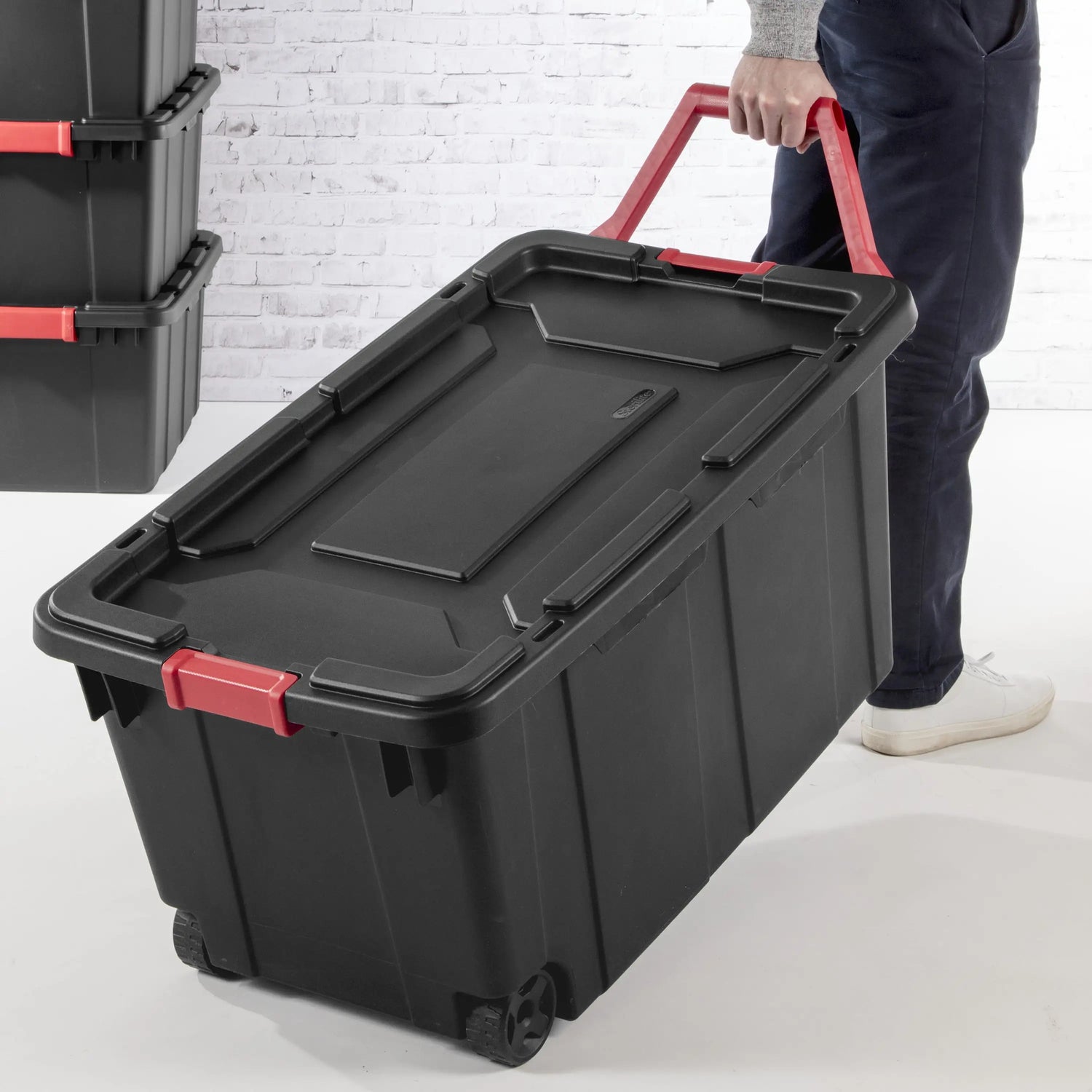 Sterilite 40 Gallon Wheeled Industrial Tote Plastic, Black, Set of 2