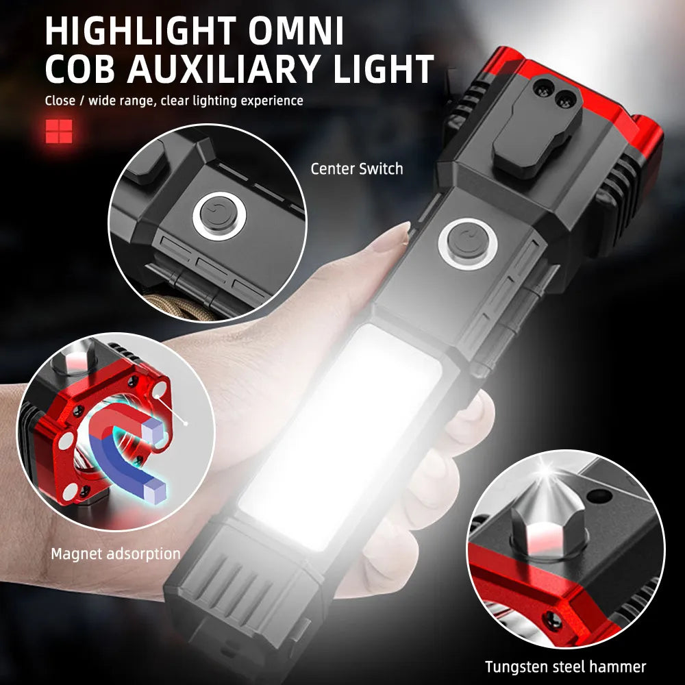 USB Charging Super Bright LED Flashlight with Safety Hammer Side Light Torch