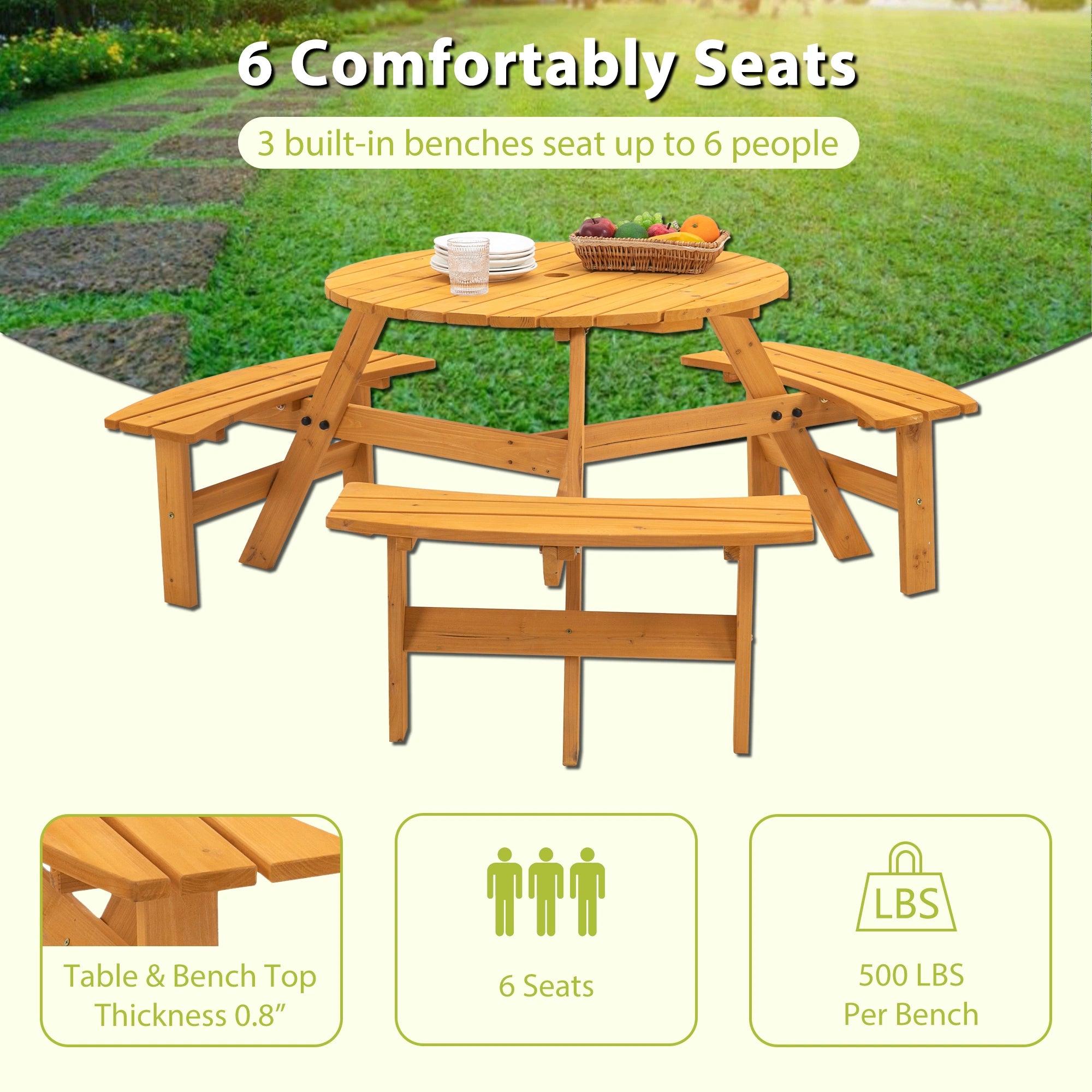 Circular Outdoor Wooden Picnic Table with Built-in Benches for Patio Backyard Garden