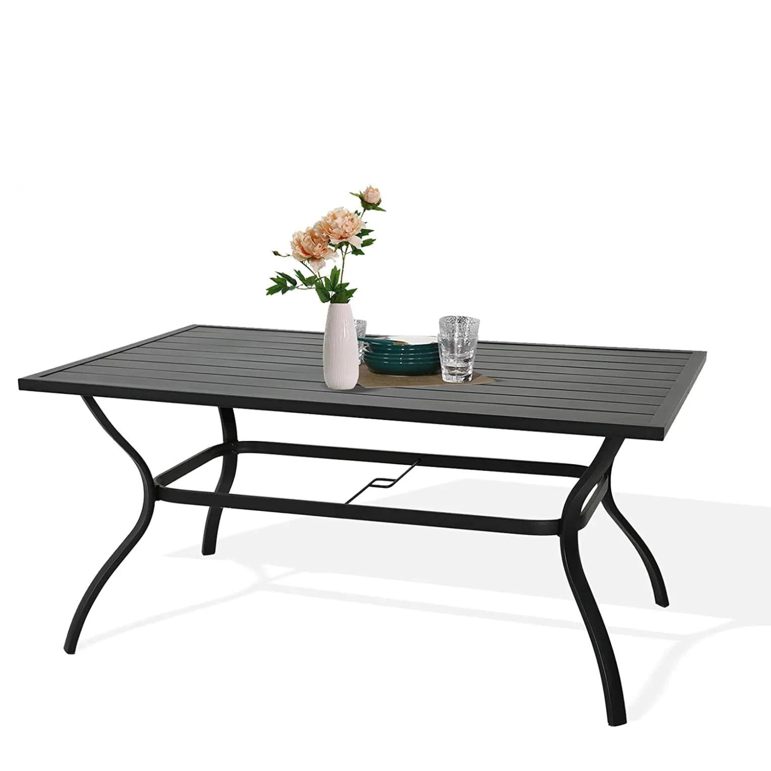 Outdoor Metal Slat Dining Table - Patio Rectangle Bistro Table with Umbrella Hole