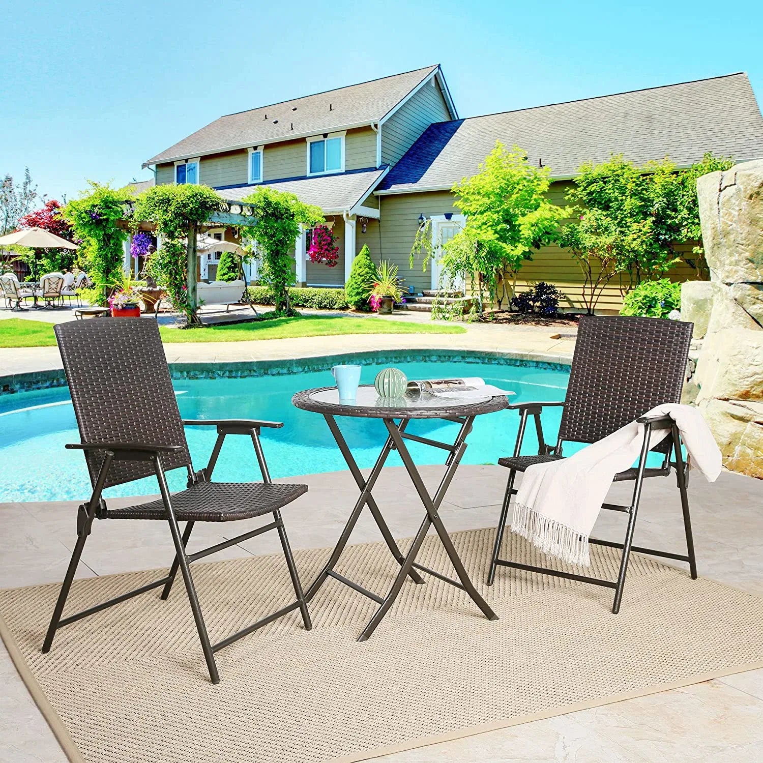 Outdoor 3-Piece Wicker Folding Bistro Set - Perfect for Balcony, Garden, and Backyard Furniture