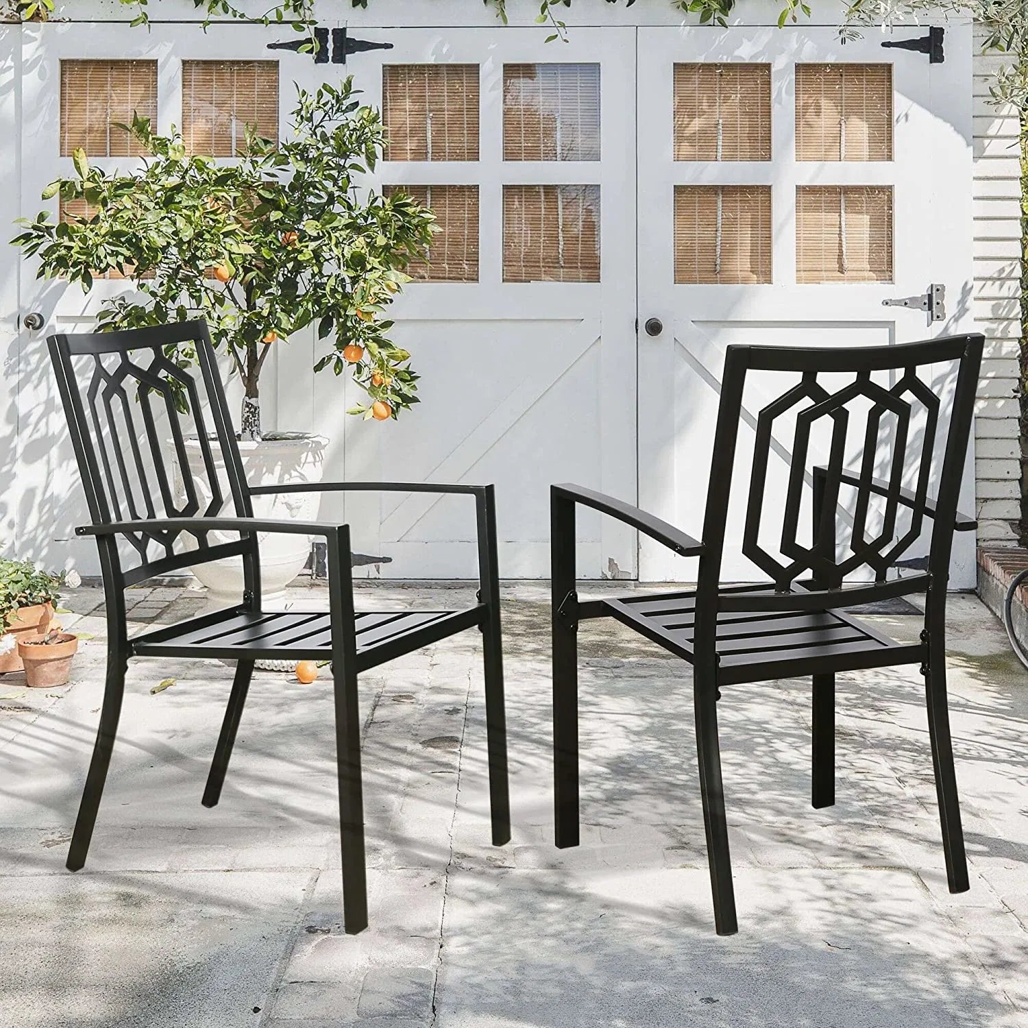 Set of 2 Stacking Patio Metal Arm Chairs for Outdoor Dining in Garden, Yard and Lawn