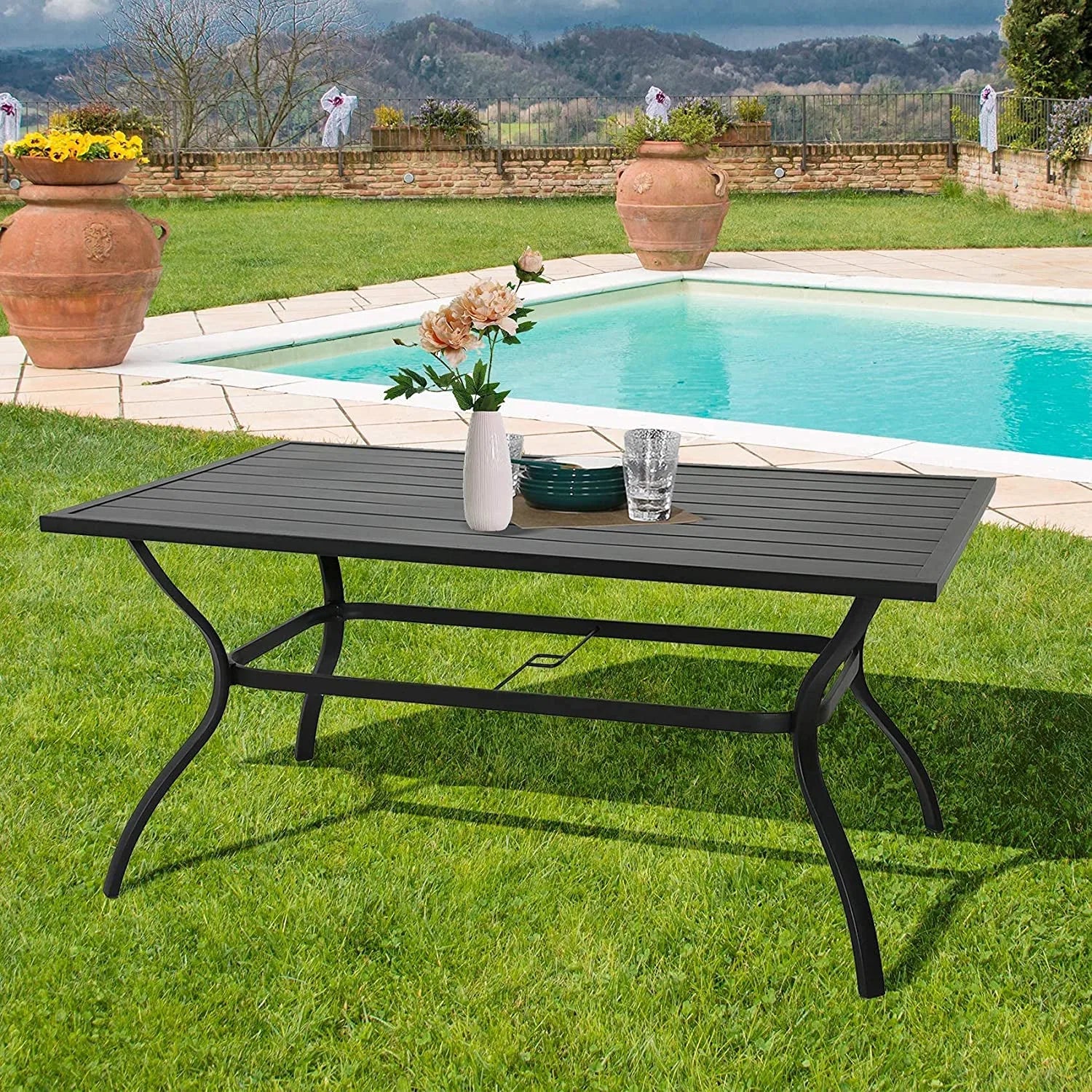 Outdoor Metal Slat Dining Table - Patio Rectangle Bistro Table with Umbrella Hole