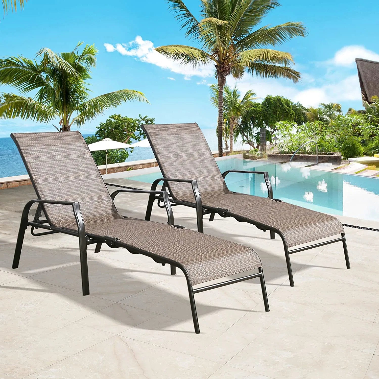 Folding Sling Reclining Chaise Lounge Chairs for Beach, Yard, Pool, and Patio