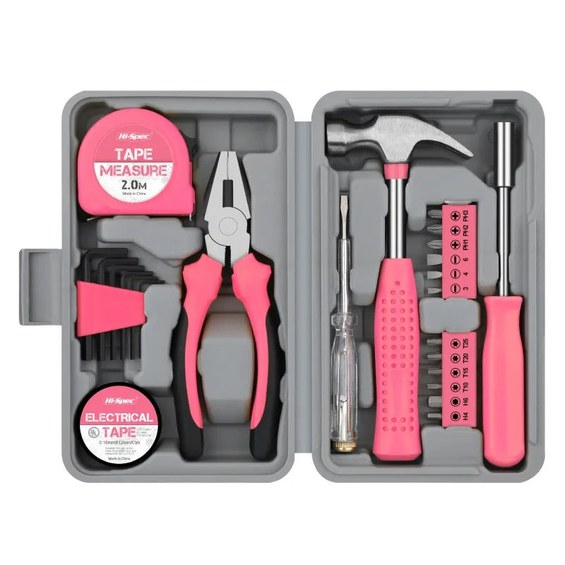 24 In 1 Multifunctional Home Repair Hand Tool Set Pliers Tape Measure Hammer Wrench Screwdriver Pink Hardware With Toolbox